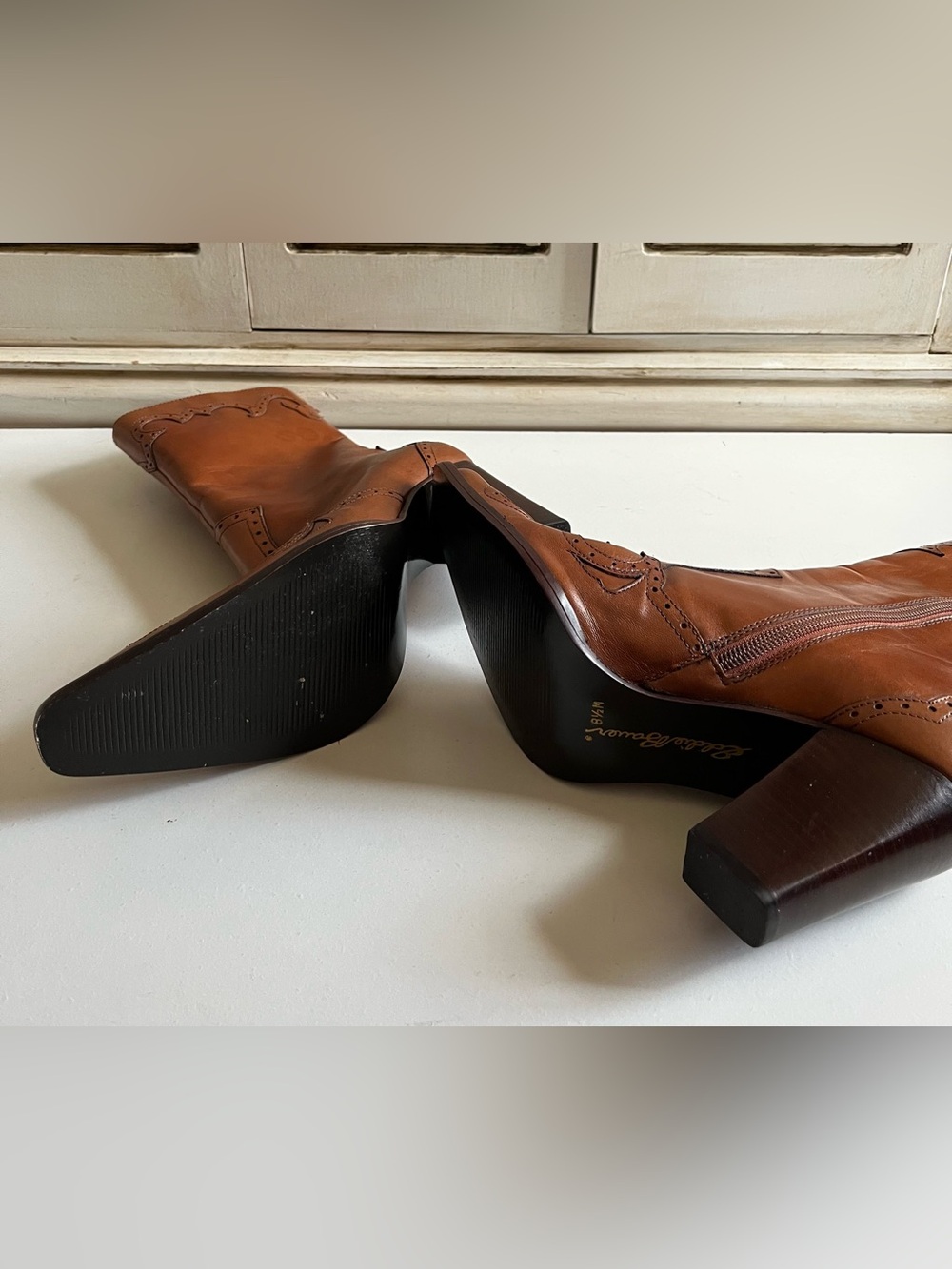 Vintage Leather Eddie Bauer Western Cowgirl boots high block heel wingtip design - Picture 5 of 12